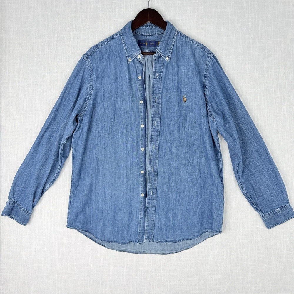 Polo Ralph Lauren Denim Shirt Mens Regular Blue Button Down Flesh Pony Large
